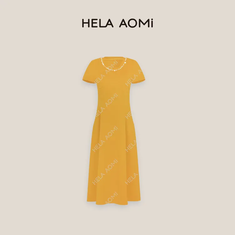 HELA AOMI“贝壳裙”钉珠优雅圆领短袖修身显瘦连衣裙CY5BM72551