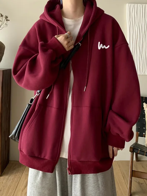 大码男装300斤酒红色重磅棉开衫卫衣男连帽秋冬加绒宽松拉链外套