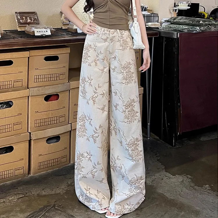 新中式复古印花阔腿牛仔裤女夏季新款高级独特小众时尚拖地休闲裤