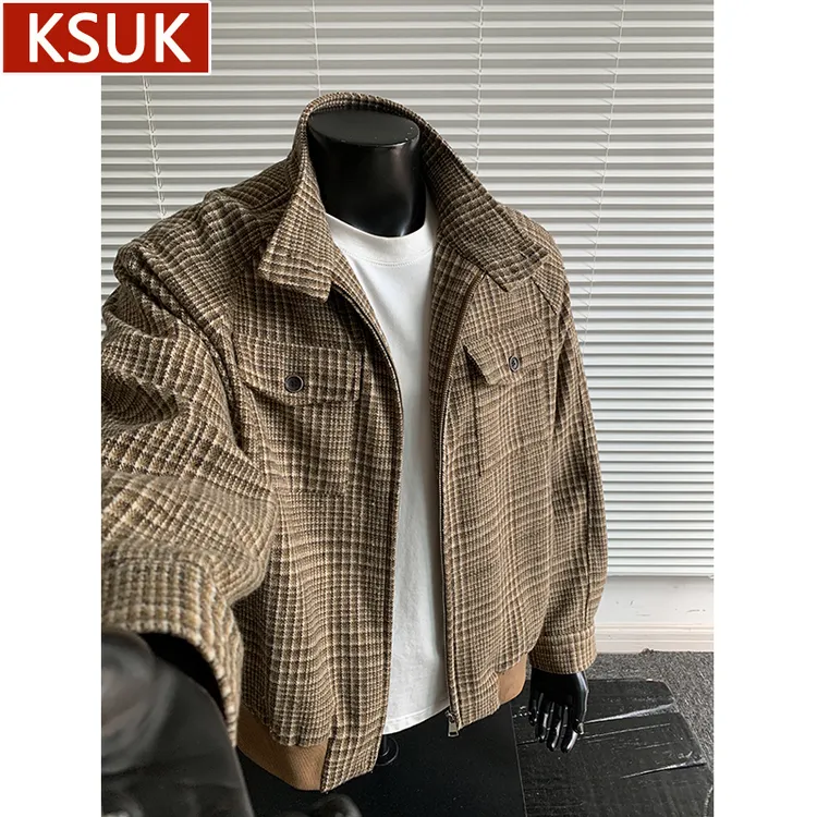 KSUK千鸟格夹克男春秋季新款潮牌老钱风高街短款立领大码休闲外套