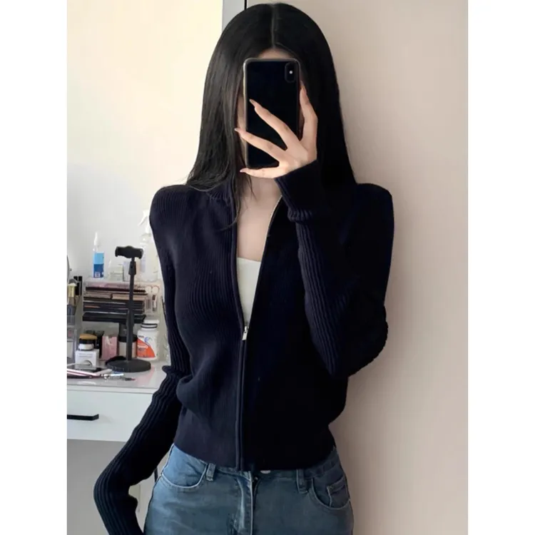 韩版软糯拉链针织衫女士秋冬新品内搭休闲学院风毛衣外套卫衣上衣