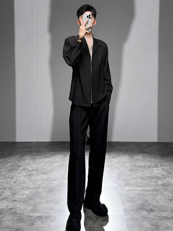 莱德的搭配 法式衬衫套装男时尚休闲两件套假两件拼接撞色痞帅潮