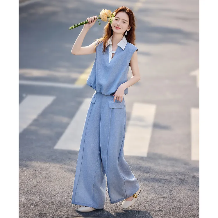 尚静轻职风套装裤女2025夏季新款翻领抽绳衬衫+高腰阔腿裤休闲裤