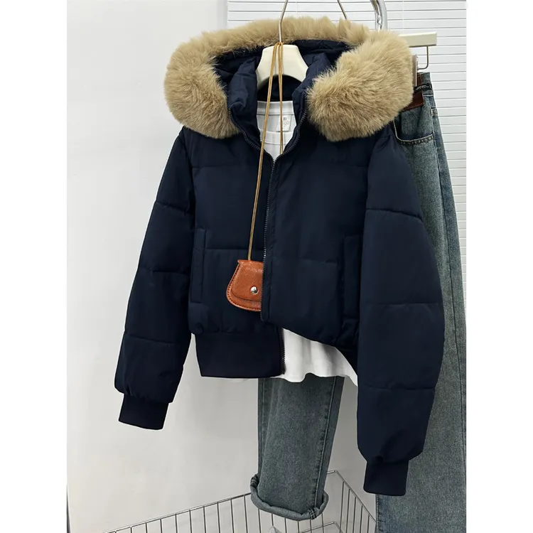 毛领连帽棉服女冬季加厚保暖拉链宽松短款纯色时髦面包服棉衣外套