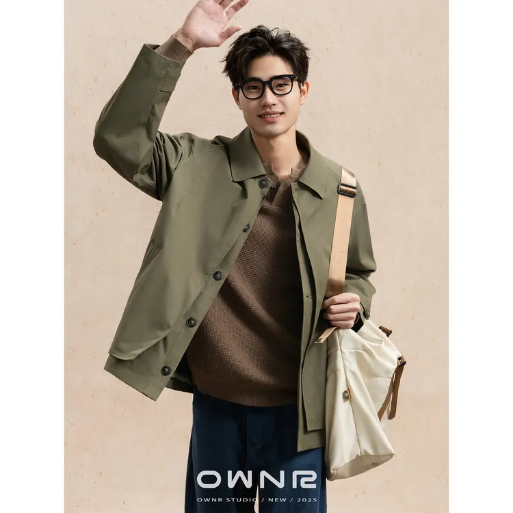 OWNR 绿色老钱风巴尔玛肯风衣外套男2025年秋双门襟廓形短款大衣