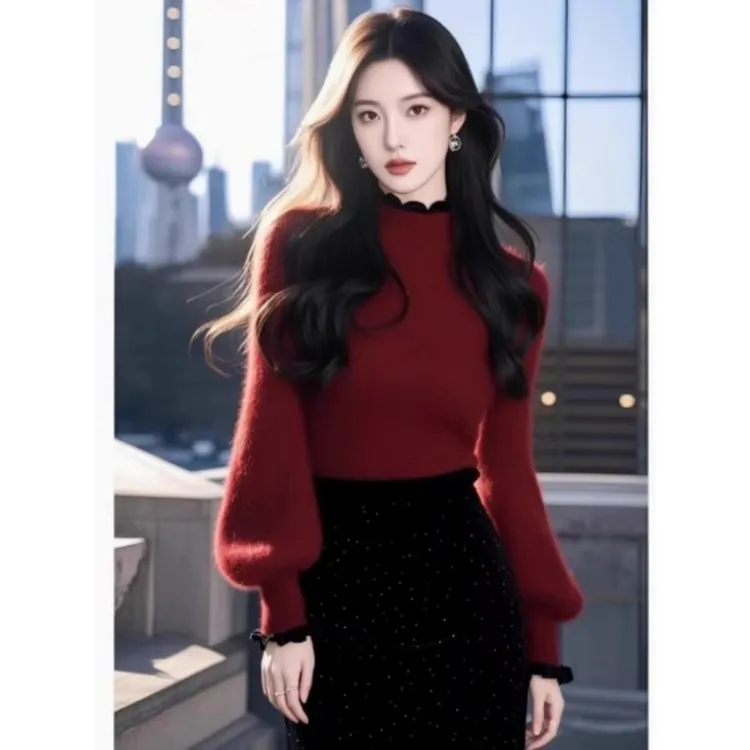 圣诞新年氛围感针织衫上衣女秋冬软糯慵懒气质内搭红色毛衣显瘦