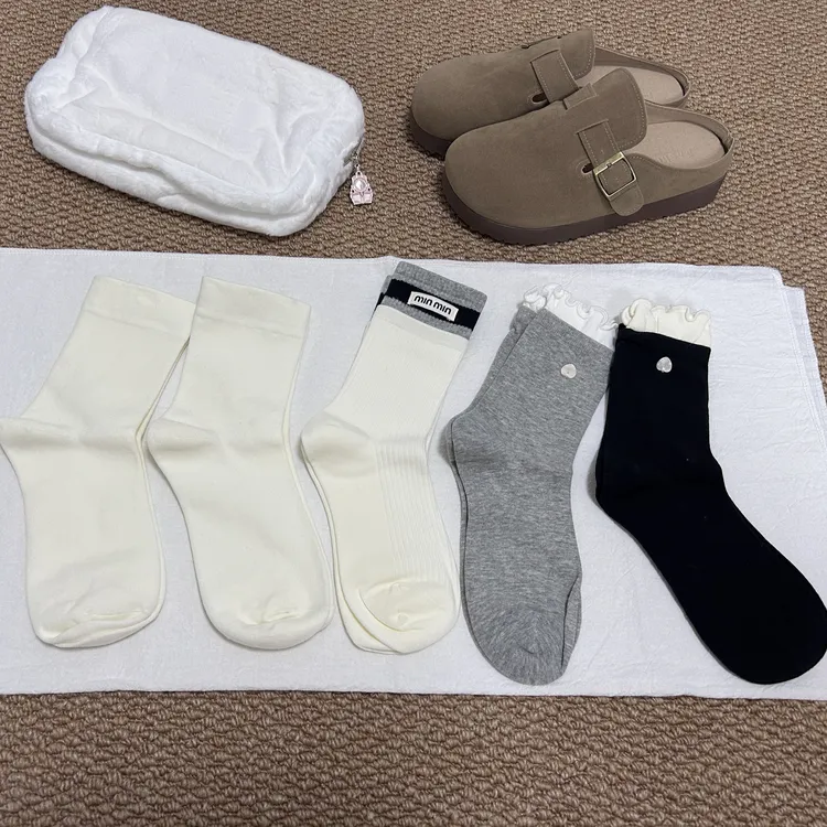 【四季组合款】5双百搭韩版白灰色系中筒女棉袜潮流袜爆款个性布标