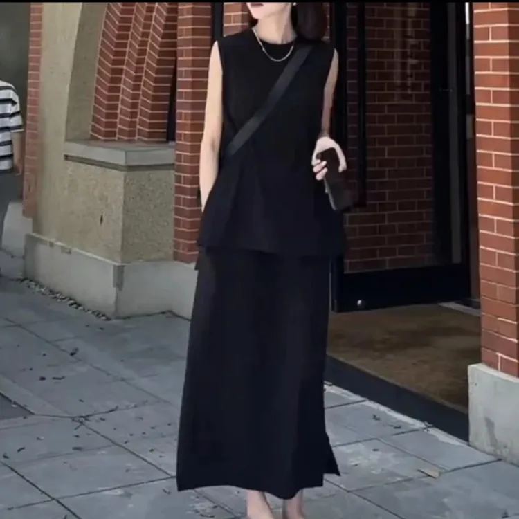 时尚百搭休闲潮流精品无袖上衣半开叉半身裙