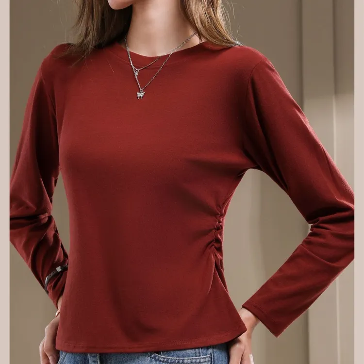 秋冬新款圆领百搭外穿长袖T恤女设计感小蛮腰抽皱显瘦正肩打底衫