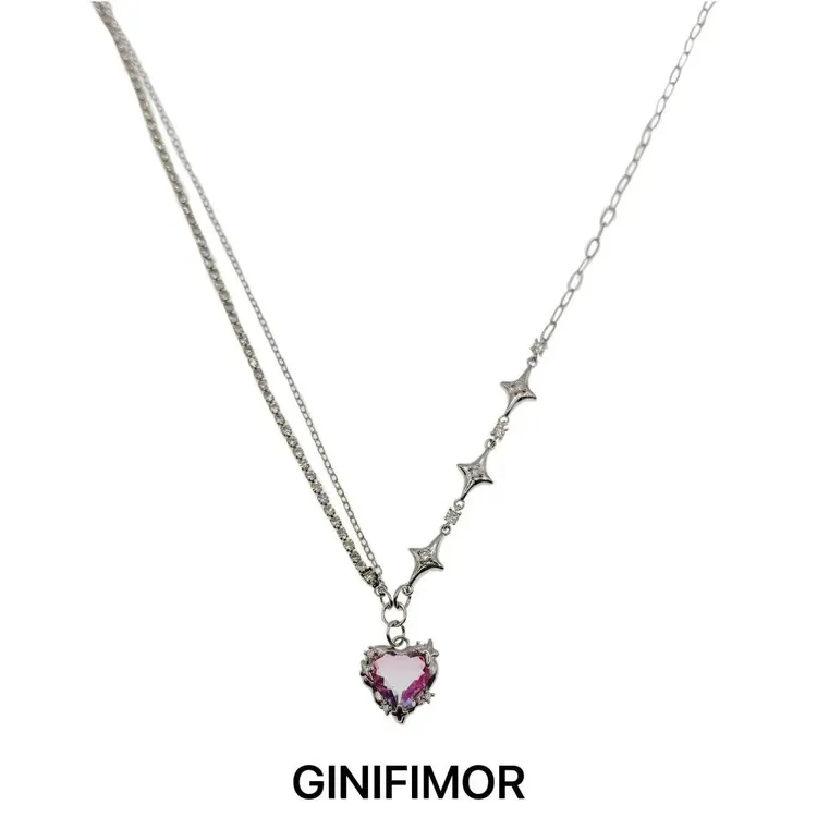 GINIFIMOR 铜合金锆石项链 a694 甜酷大粉爱心项链颈链百搭锁骨链