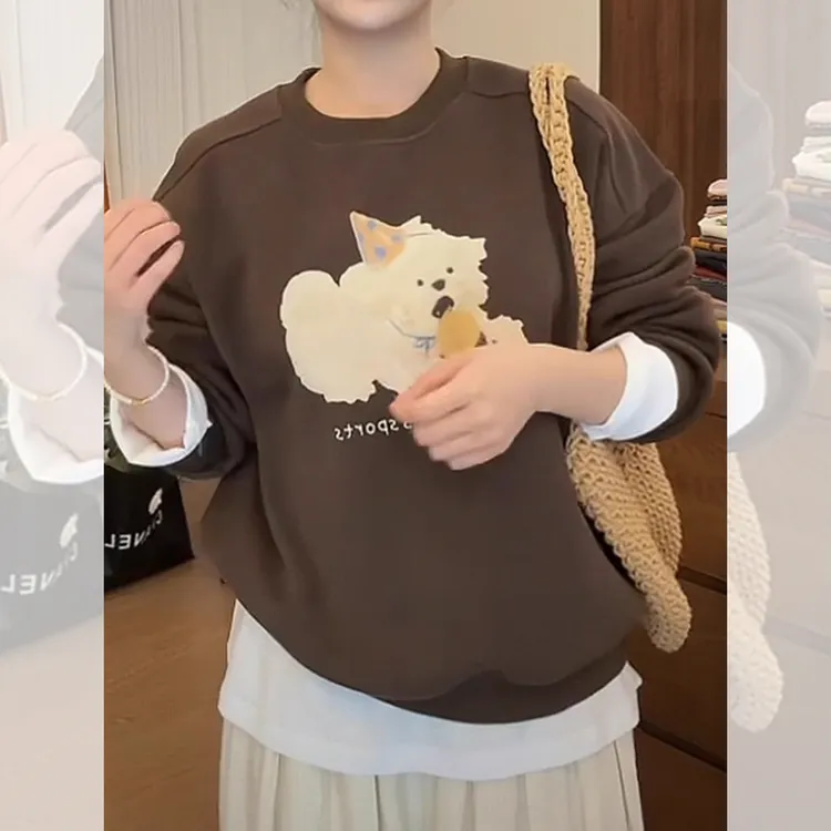 韩式卡通印花圆领套头卫衣秋季新款胖MM大码女装宽松百搭显瘦上衣