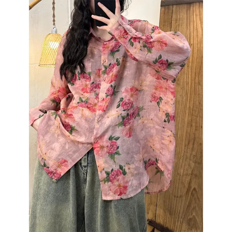 女装新款复古小众休闲小翻领桃花印花棉麻大版衬衫