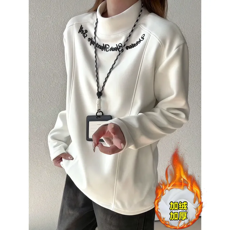 【现货+运补】秋冬男女同款双面绒字母印花半高领德绒加绒保暖T恤潮