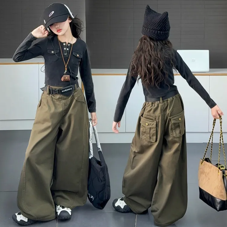 女童秋装新款儿童装韩版打底衫工装裤休闲百搭中大童女孩秋季套装