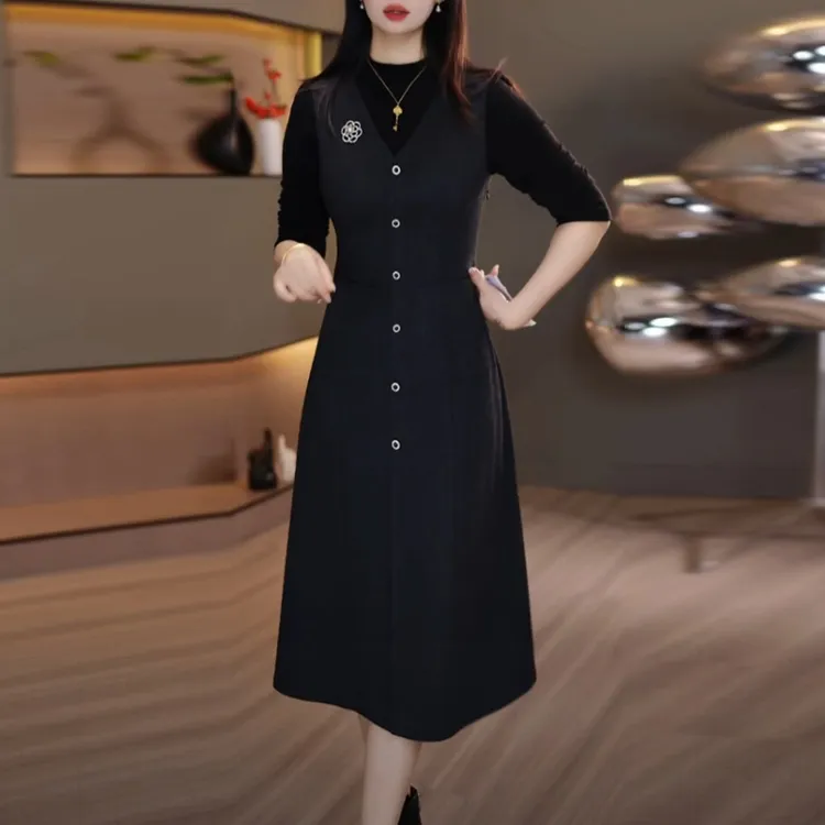 磨毛精纺保暖打底裙2025秋冬季新款修身显瘦时尚中长款连衣裙子