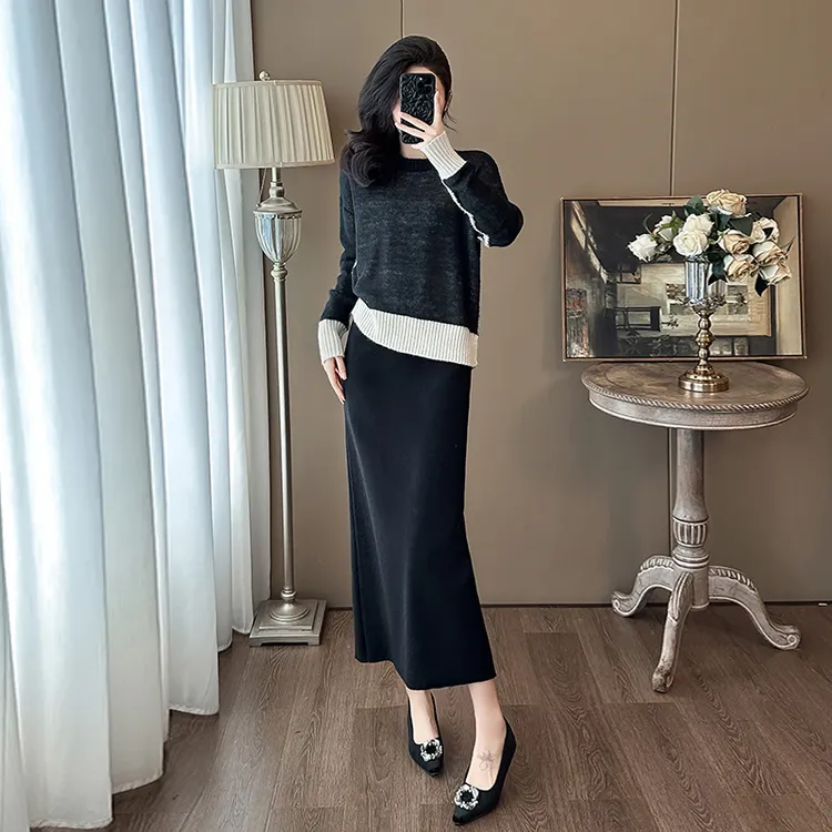 高级感穿搭一整套时尚休闲套装裙女春秋减龄拼接毛衣半身裙两件套