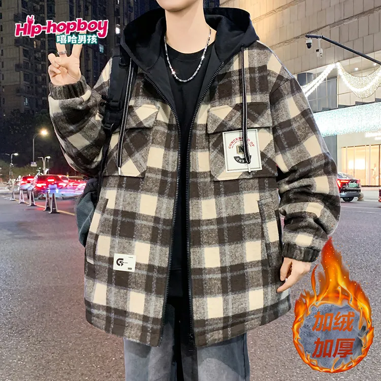 秋冬连帽格子保暖男款加绒工装夹克男士帅气宽松假两件外套