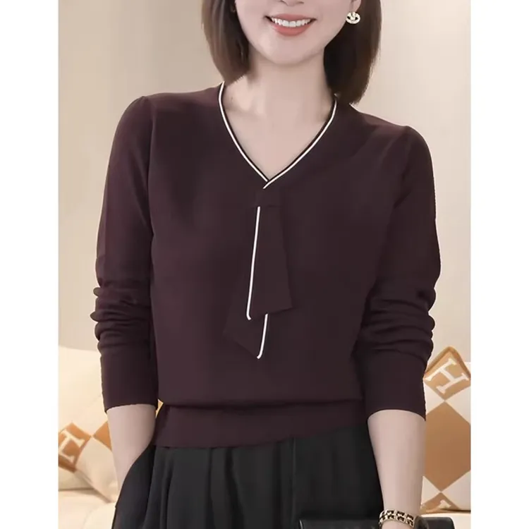 2025秋季新款大码女装胖MM显瘦百搭休闲简约V领紫色长袖针织衫