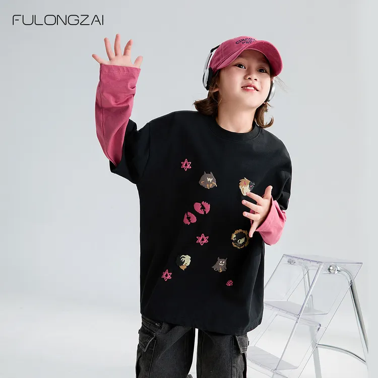 福龙仔新款中大童透气T恤宽松儿童圆领宽松长袖复古2405103TX