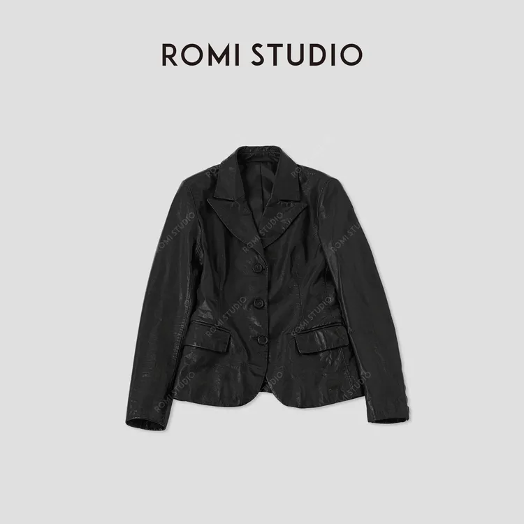 ROMI STUDIO“率性朋克”小牛皮柔软舒适竖腰线皮衣外套 RWCWWG5155