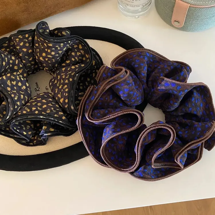 秋冬新款复古咖色藏蓝豹纹多层大肠发圈高级百搭丸子头花发绳头绳