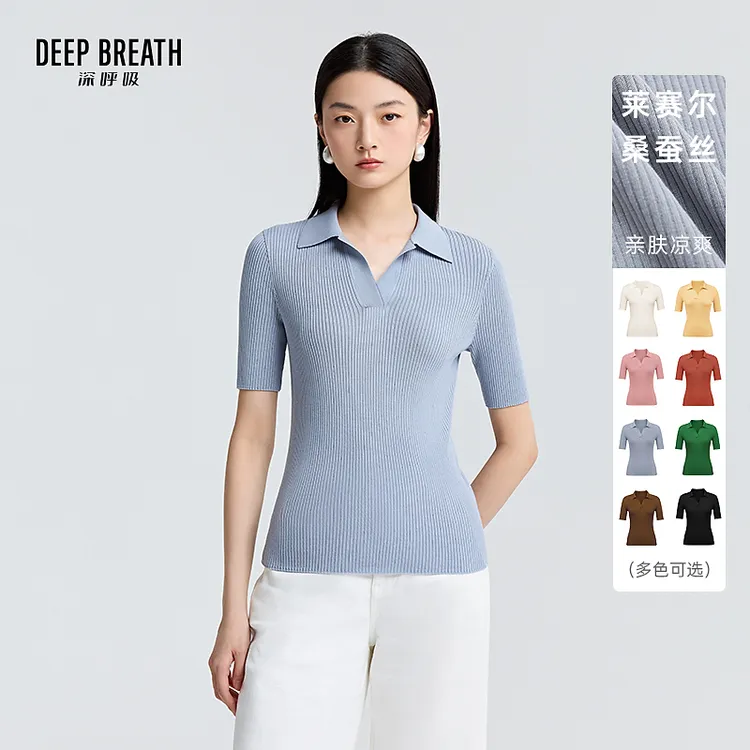 DEEP BREATH深呼吸女装简约竖坑条V型翻领短袖针织衫上衣A301171