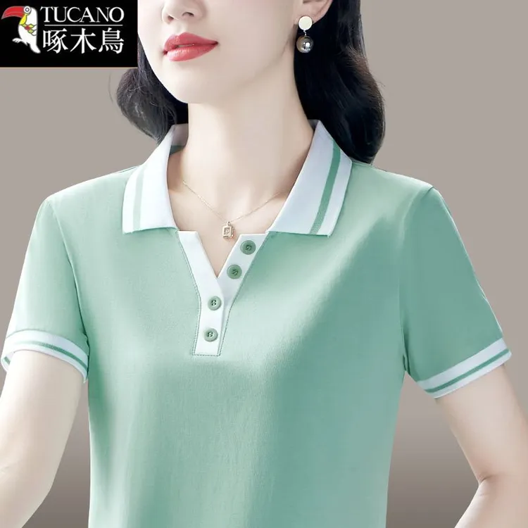 啄木鸟夏季薄款短袖T恤女2025年新款宽松翻领设计感小众通勤上衣