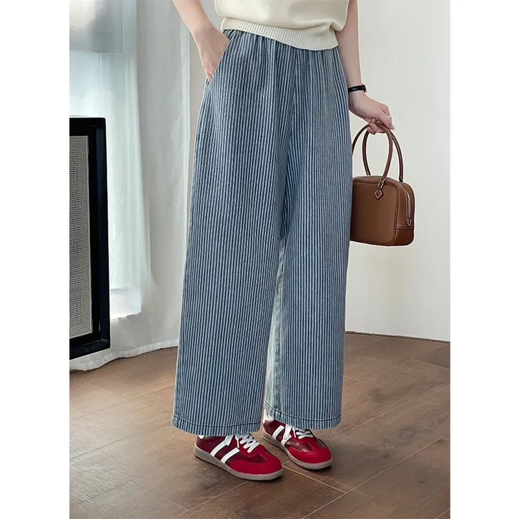 竖条纹柔软阔腿牛仔裤女休闲百搭松紧腰显瘦休闲长裤
