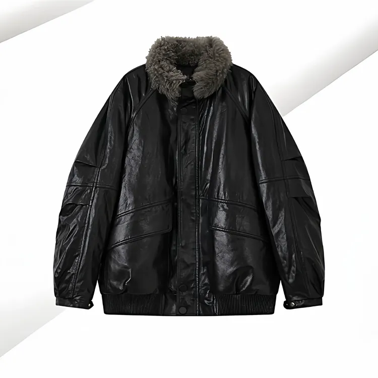 [ 黑色诱惑]进口山羊绒毛领宽松保暖黑色皮衣鹅绒服女外套