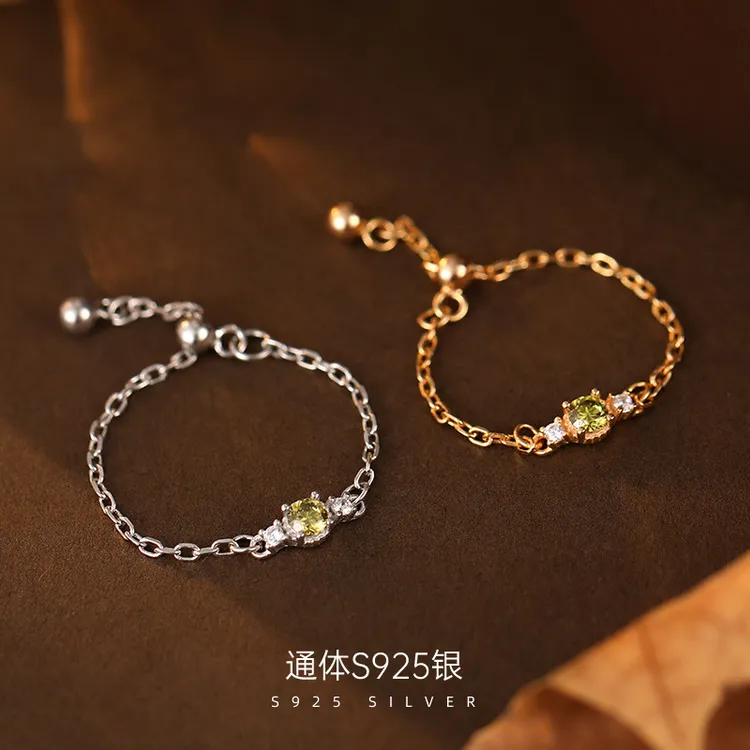 925银锆石戒指 可调节软食指戒女森系小清新指环925925银绿锆石