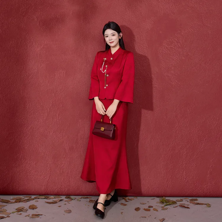 【瑞锦】秋大码女微胖mm新中式订婚国风改良外套半身裙套装DM33197