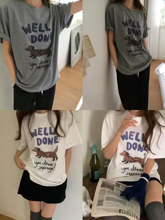 圆领休闲小狗图案短袖T