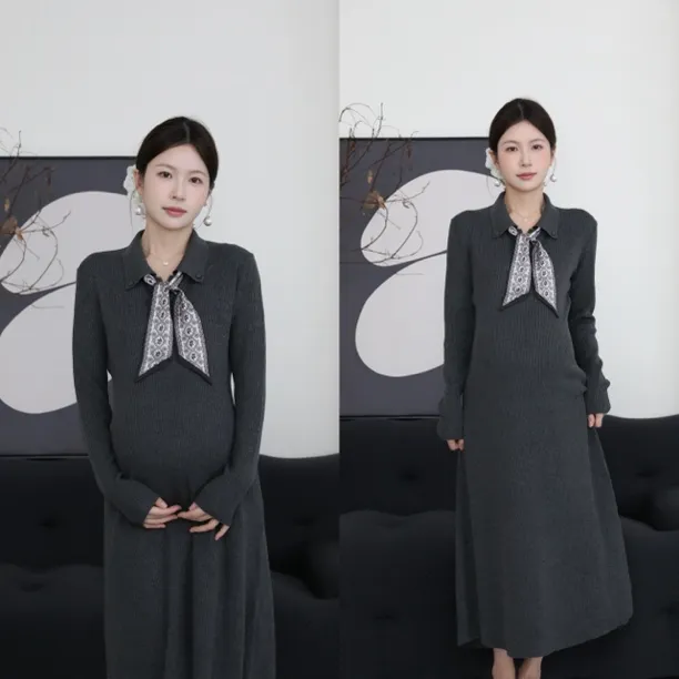 senenmu 【复古浪潮-长袖版】【可哺乳】显瘦针织孕妇装连衣裙秋装