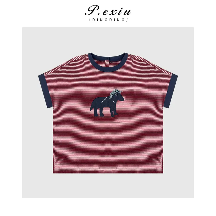 PanYiXiu/潘依绣时尚刺绣小马图案撞色条纹短袖T恤 W-63240
