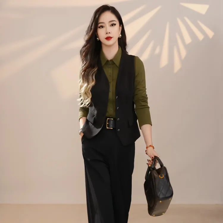 哥弟新款职场通勤修身单排扣双口袋黑色西装马甲1400572马夹时尚