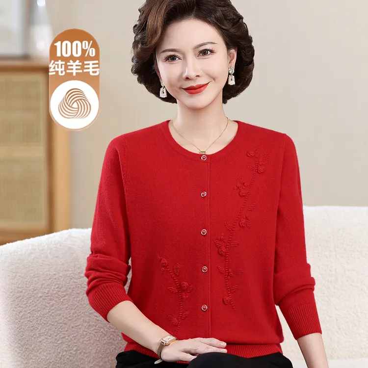 婚礼妈妈装秋冬毛衣外套中老年女装纯羊毛开衫圆领立体绣花针织衫