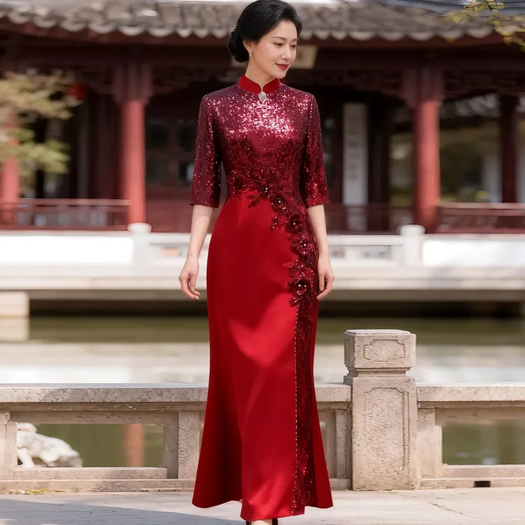 婚礼出阁宴喜妈妈新中式改良婚庆鱼尾高端旗袍上台年轻礼服连衣裙