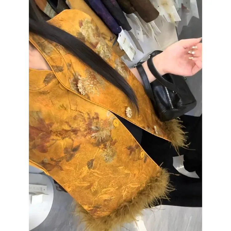 新中式国风立领夹棉马甲女毛毛坎肩背心25秋季新款提花加厚马夹