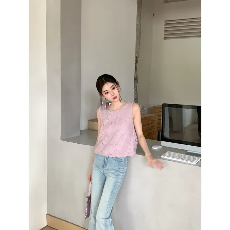 【赵小小&匿名恋人】28832 温柔氛围感粉色立体玫瑰背心甜美上衣女