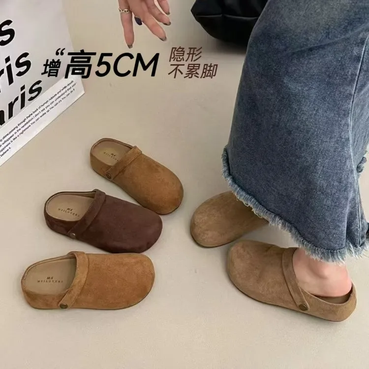 厚底内增高两穿勃肯鞋一脚蹬包头半拖鞋女外穿2025新款秋复古单鞋