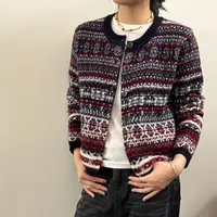 北欧风费尔岛提花毛衣外套女圆领复古文艺撞色厚款针织开衫4481