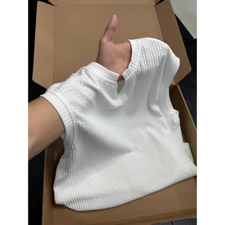 美式白色V领褶皱背心男款夏季薄款凉感小袖口无袖t恤运动坎肩汗衫