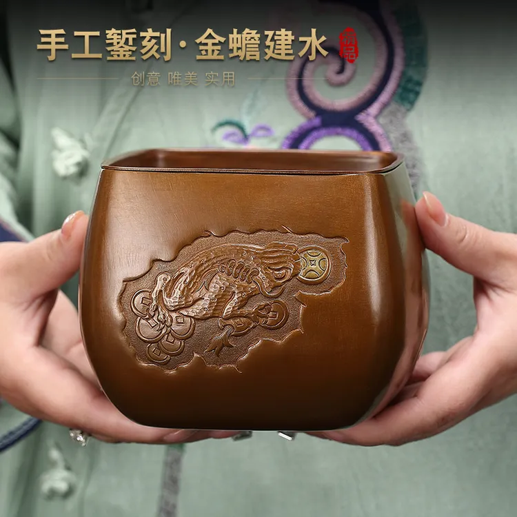 纯紫铜桌面茶渣缸纯手工錾刻干泡废水缸茶盂小号茶洗缸家用建水