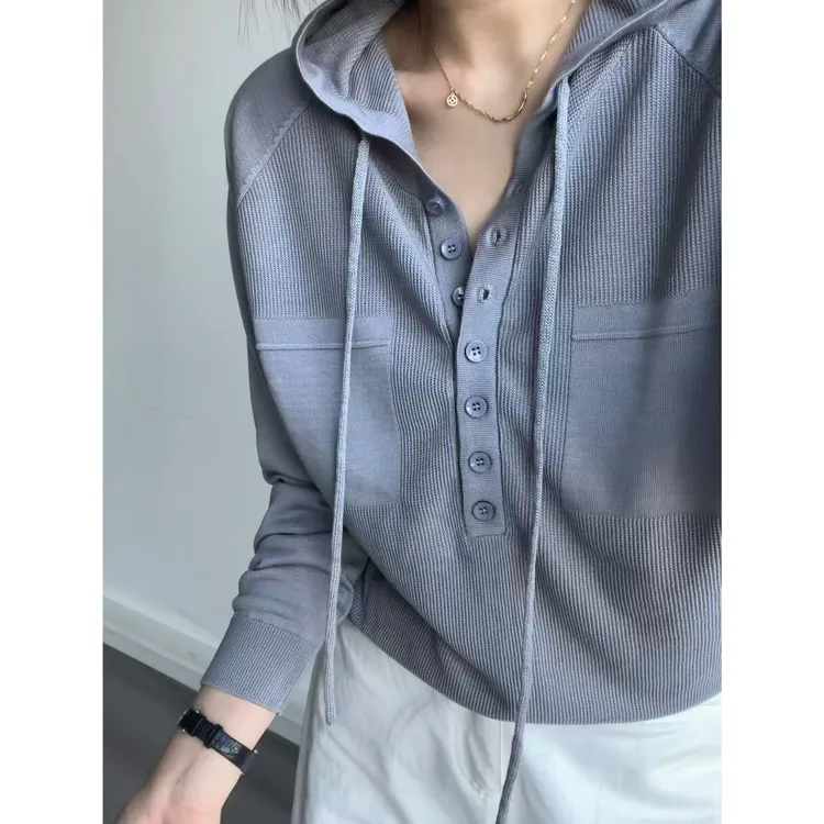 春夏长袖时尚新款针织简约百搭休闲设计感显瘦遮肉连薄款帽衫109
