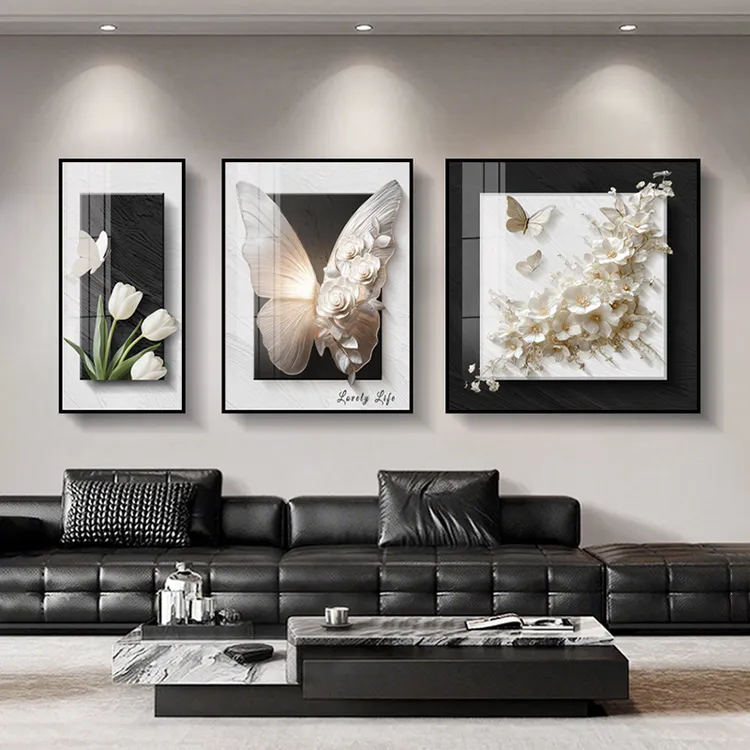 现代简约客厅装饰画轻奢风黑白蝴蝶沙发背景墙挂画高级感组合壁画