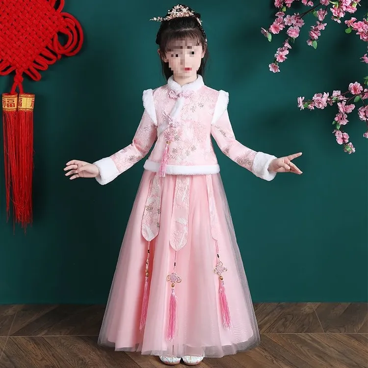 女童冬装套装中国风唐装两件套秋冬加绒加厚新年服汉服连衣裙古风