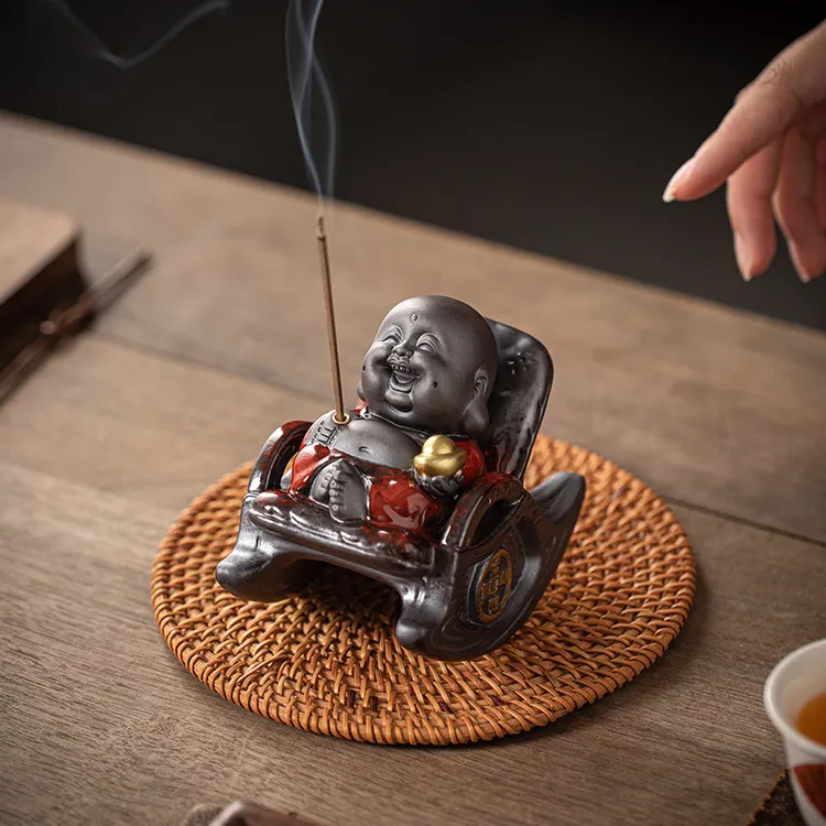 陶瓷摇摇椅弥勒佛摆件家用茶桌线香炉笑佛香插茶道沉香檀香熏香炉