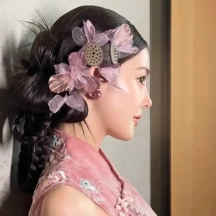 新中式超仙紫色花朵莲雾发夹复古新娘造型头饰晨袍旗袍礼服配饰品