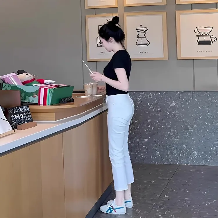 雪千羽白色直筒牛仔裤女夏薄2025新八分小个子九分窄版烟管法棍裤