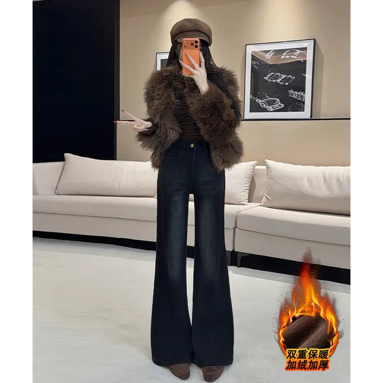 乔栈加绒黑色刺绣不贴腿微喇牛仔裤女秋冬爆款高腰百搭小个子阔腿